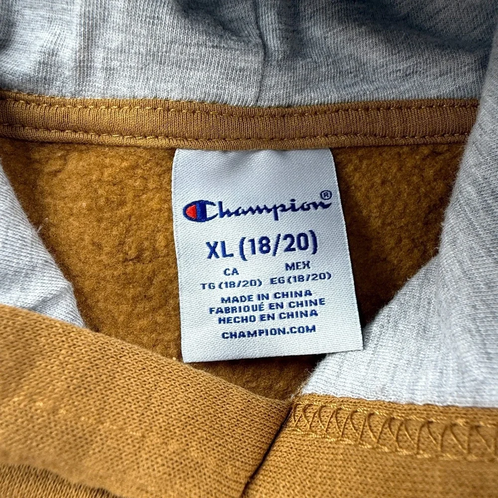Champion Boys XL 18/20 Tan Script Logo Pullover Hoodie Sweatshirt